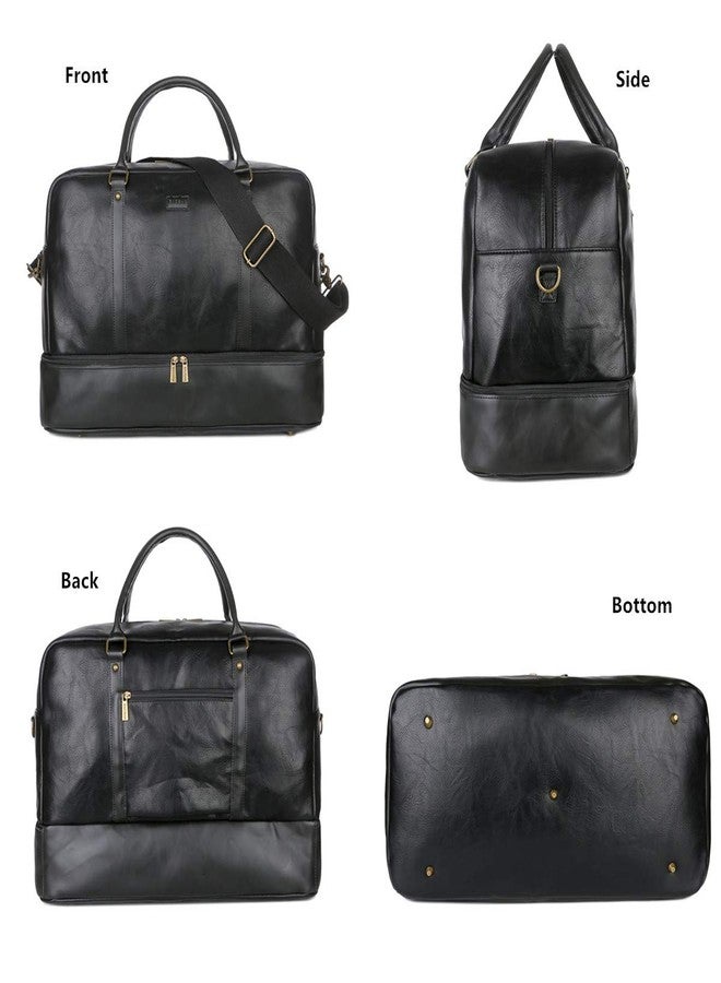 BAOSHA Vegan Leather Large Travel Duffel Tote Bag Carry On Weekender Overnight Bag With Shoe Compartment HB-38 (Black) - Image 3